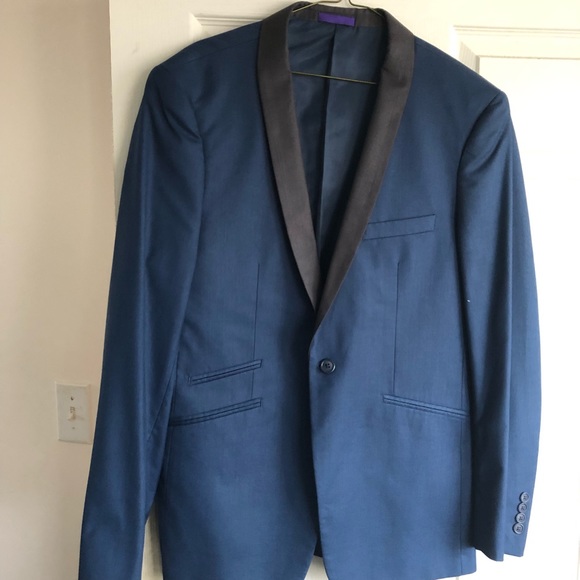 Two piece slim-fit blue tuxedo with black collar - Picture 1 of 2